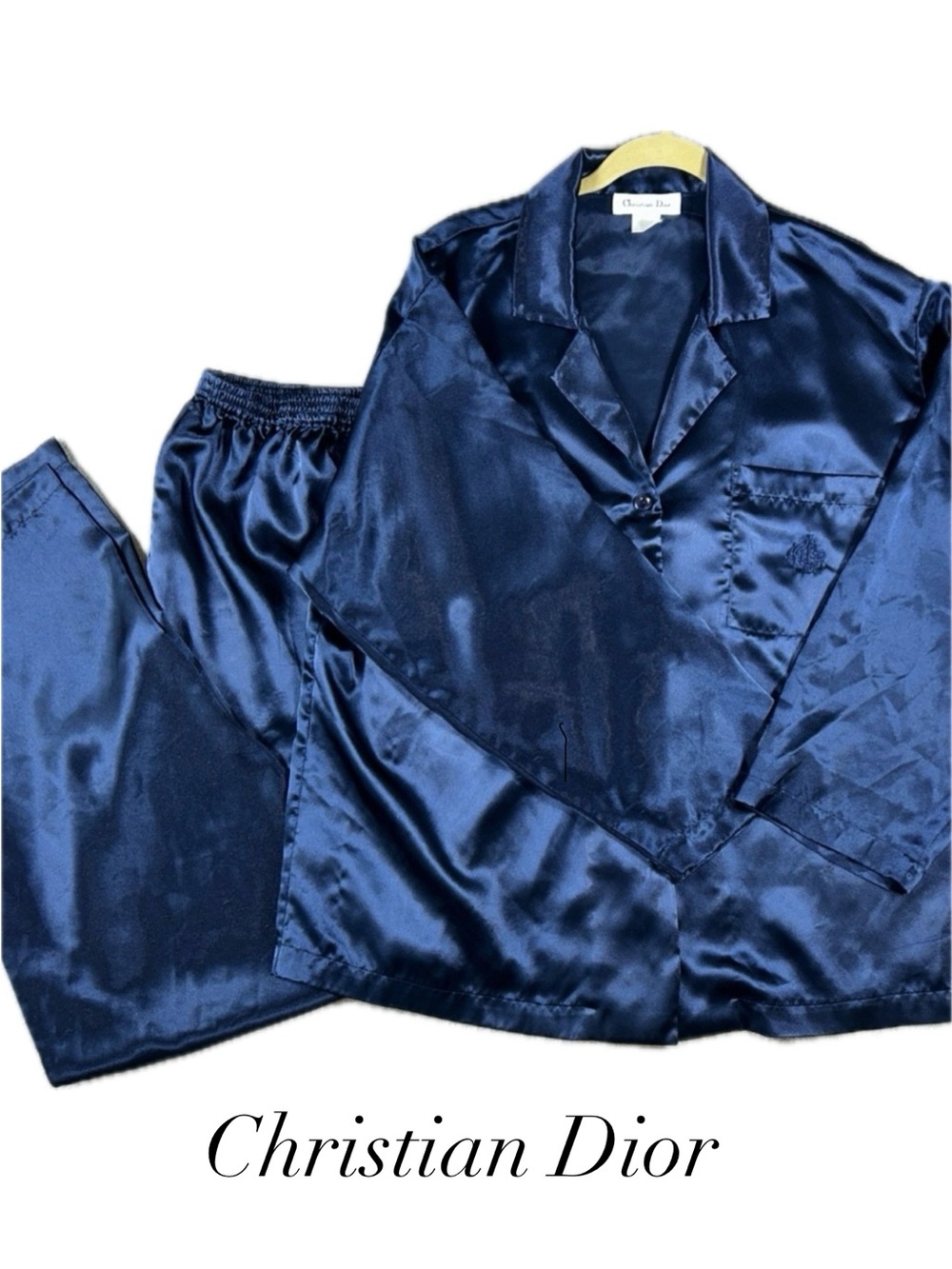 Vintage Christian Dior Mens Navy Satin Pajama Set Large Blue Silky Loungewear